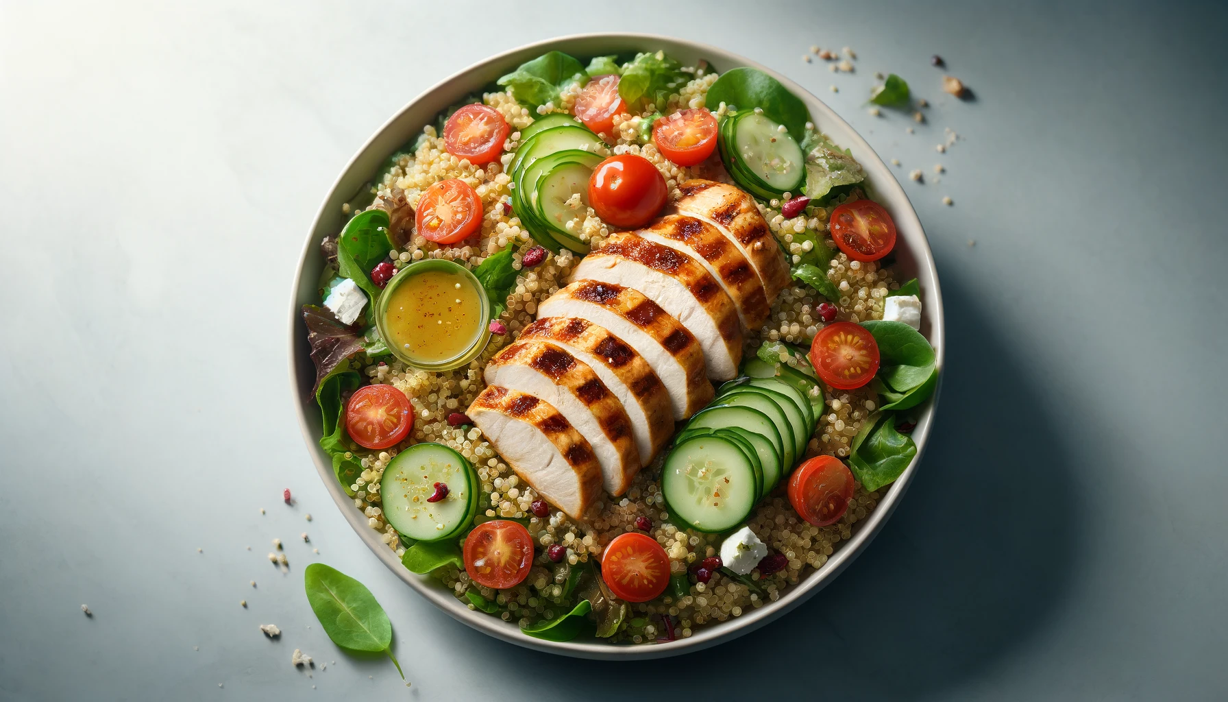 A vibrant quinoa salad with grilled chicken, mixed greens, cherry tomatoes, cucumbers, and a sprinkle of feta cheese, drizzled with a light vinaigrette.