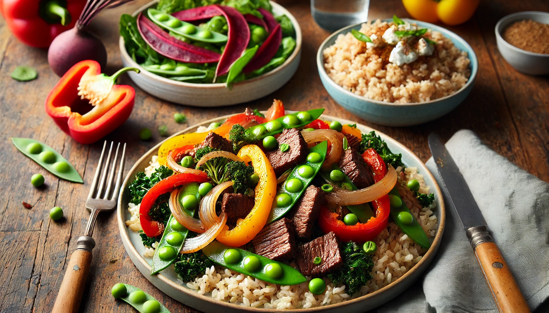 A plate of beef stir-fry with bell peppers, onions, snap peas, and brown rice, part of the Warrior Diet meal plan.